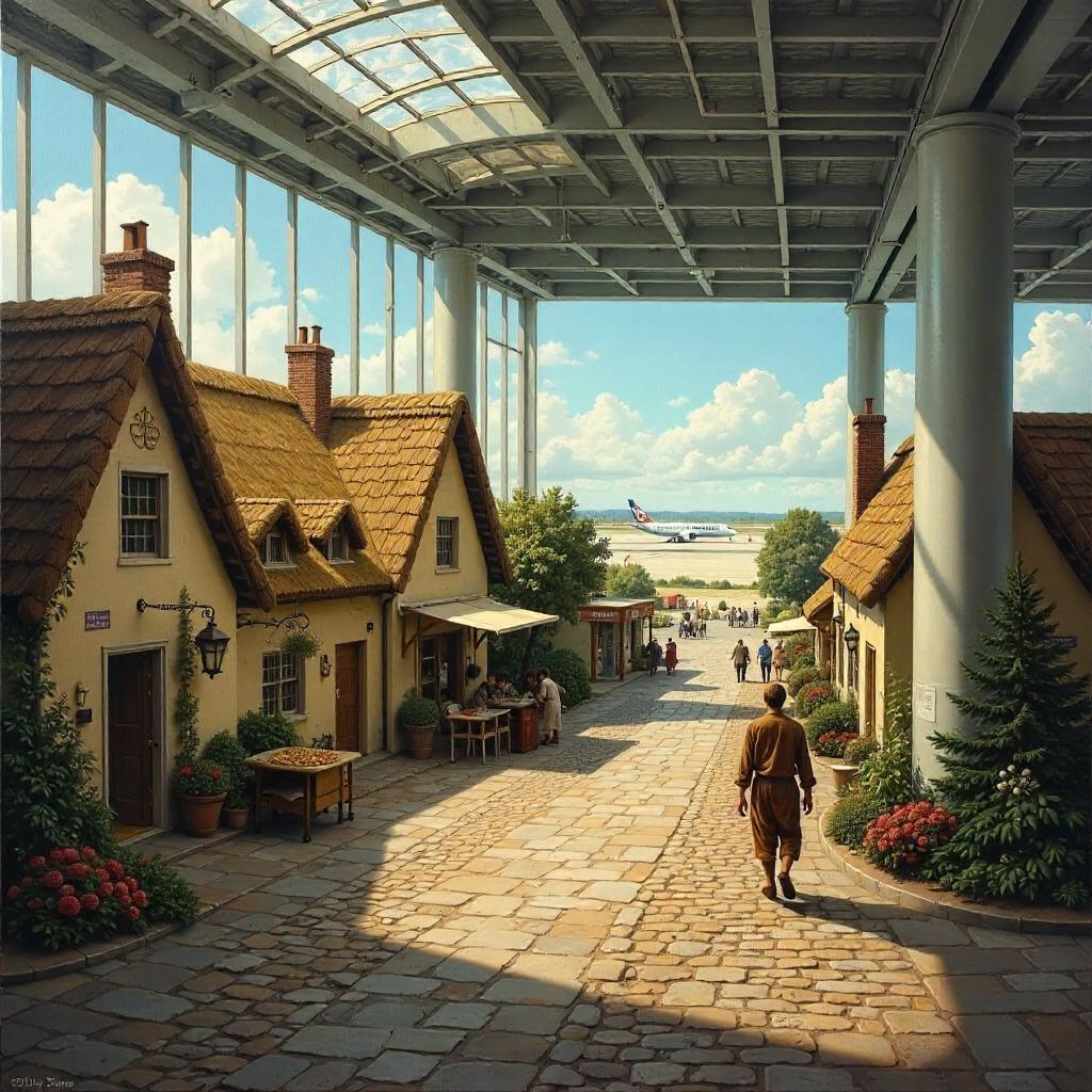 Oil Painting Village in a Modern Airport
