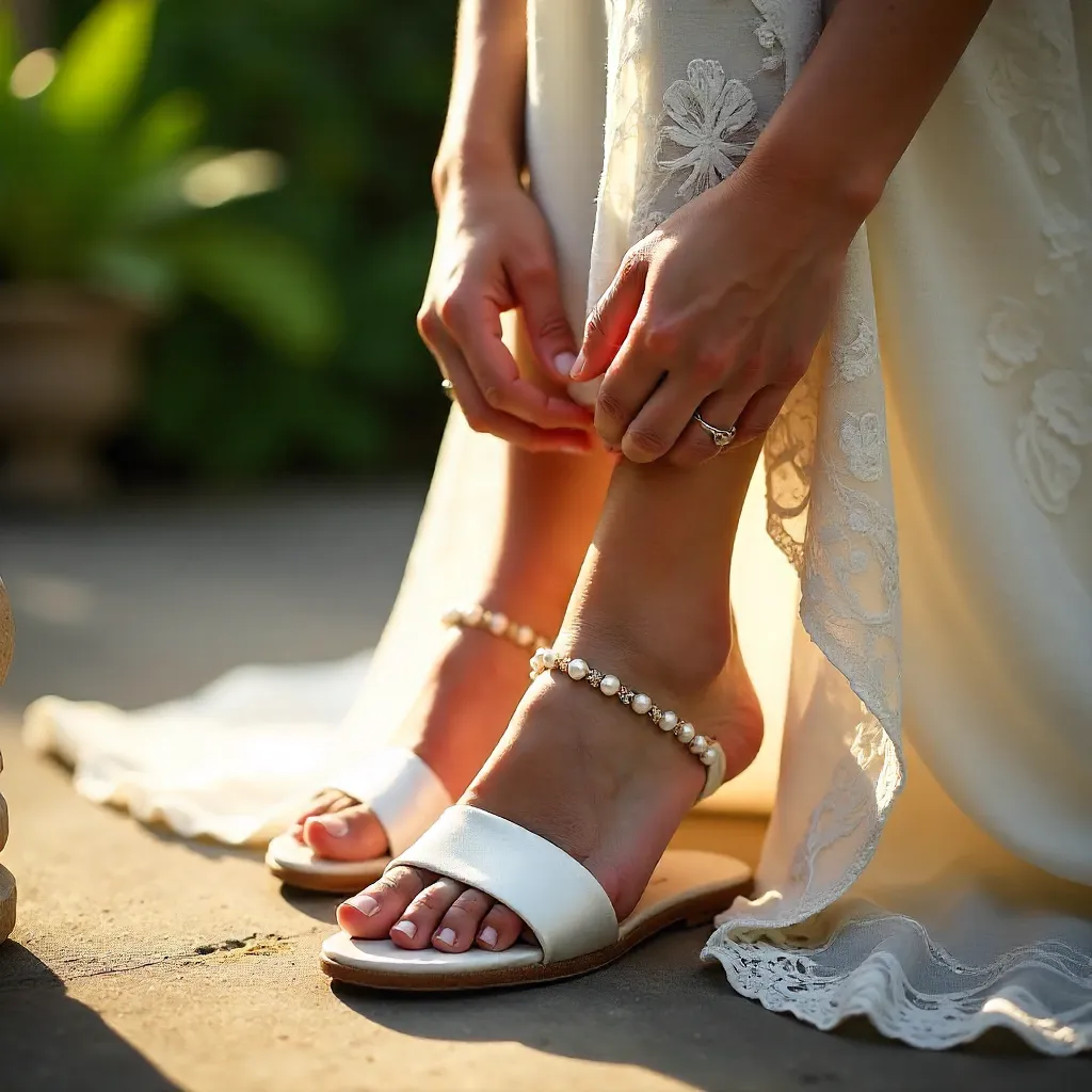 Close-Up Bride Adjusting White Sandals in Bali