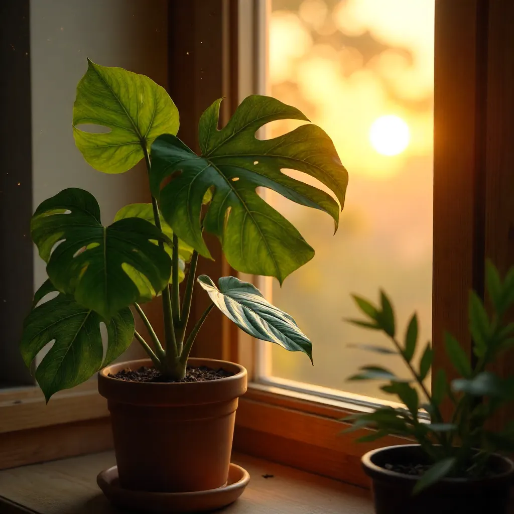 Evening Sunlit Monstera on a Quiet Windowsill