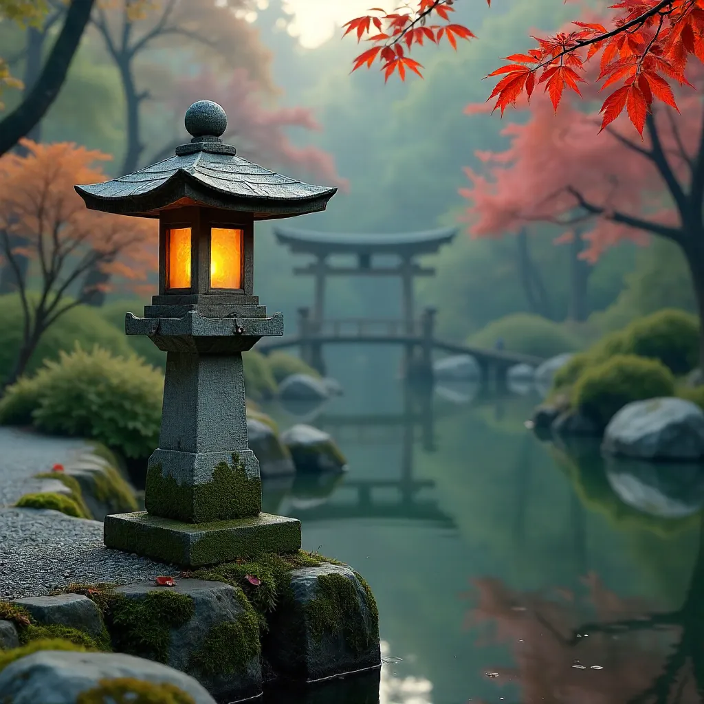 Elegant Stone Lantern in a Tranquil Japanese Garden