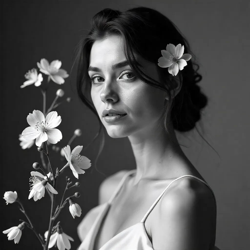 Dreamy Black-and-White Floral Portrait