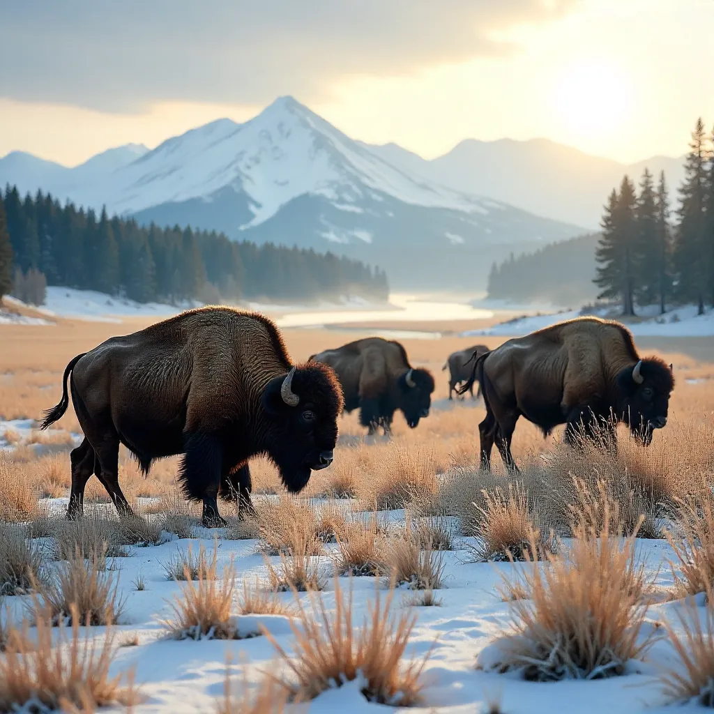 Wild Bison Roam Yellowstone in Early Winter Light