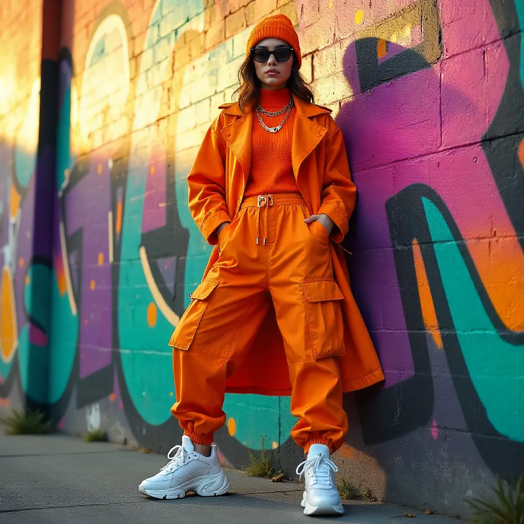 Orange-Urban Chic: Street Style by Colorful Wall