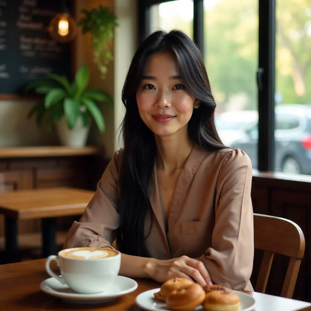 Cozy Cafe Portrait of a Beautiful Asian Woman