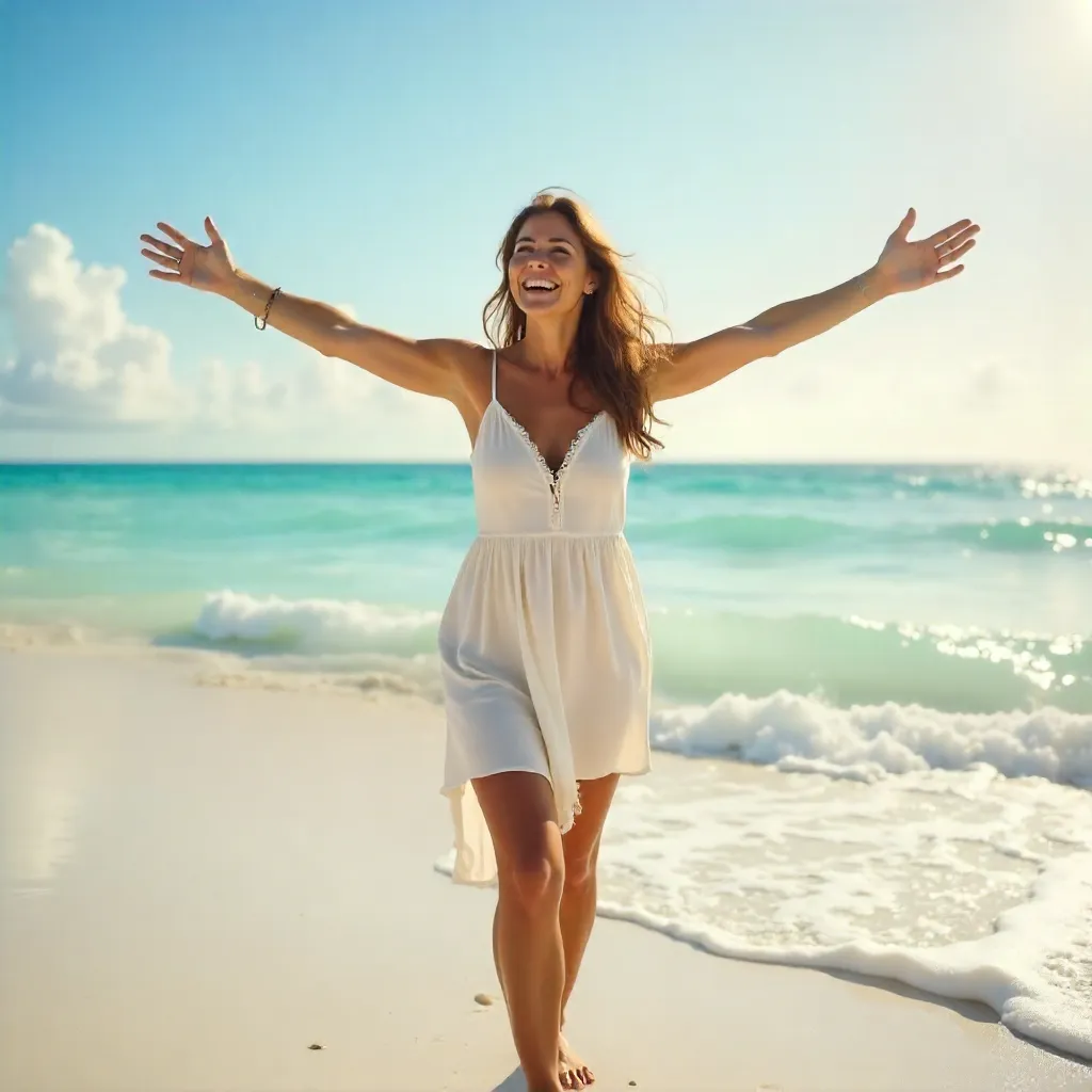 Sunlit Beach Moment: Smiling Woman with Open Arms