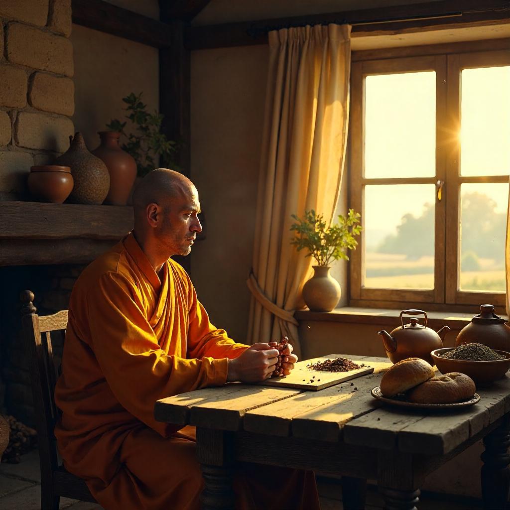 Monk in a Sunlit Rural Farmhouse