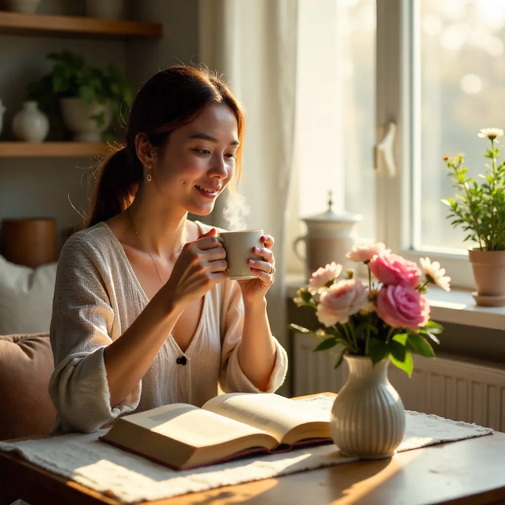 Quiet Morning Moment: Woman Sips Coffee at Home