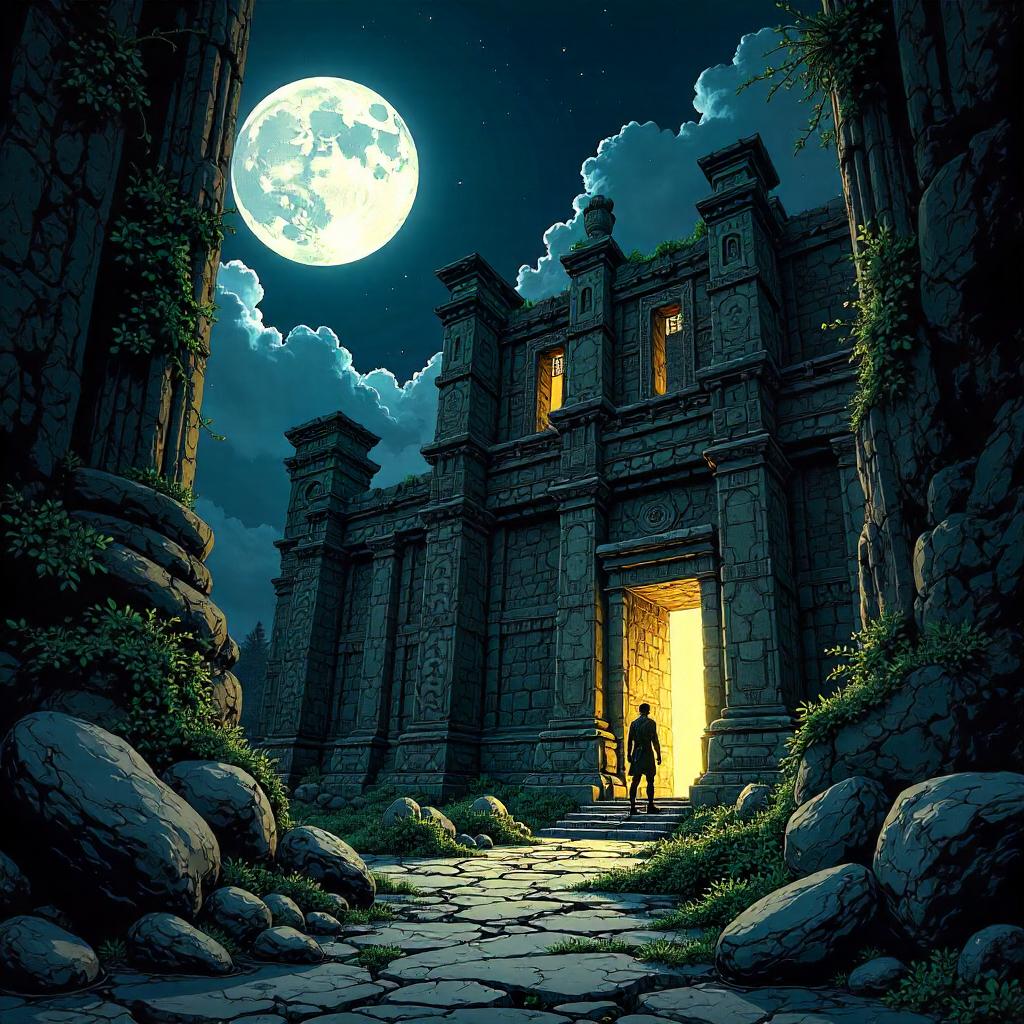 Moonlit Temple Ruins: Comic Book Vibe