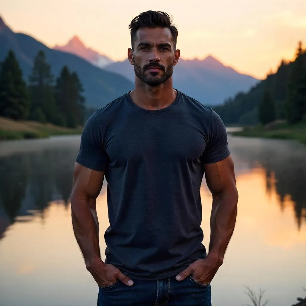 Strong Latino Man by a Serene Lake at Golden Hour