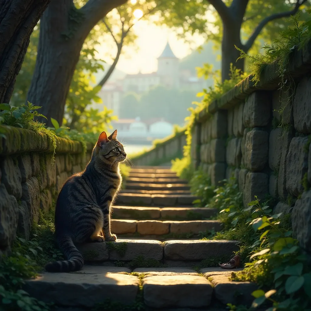 Tranquil Cat on a Mossy Stair in Fethipaşa Korusu