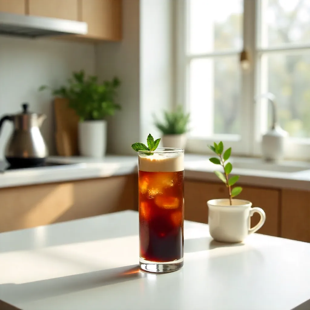Iced Coffee on a White Table in a Cozy Modern Kitchen
