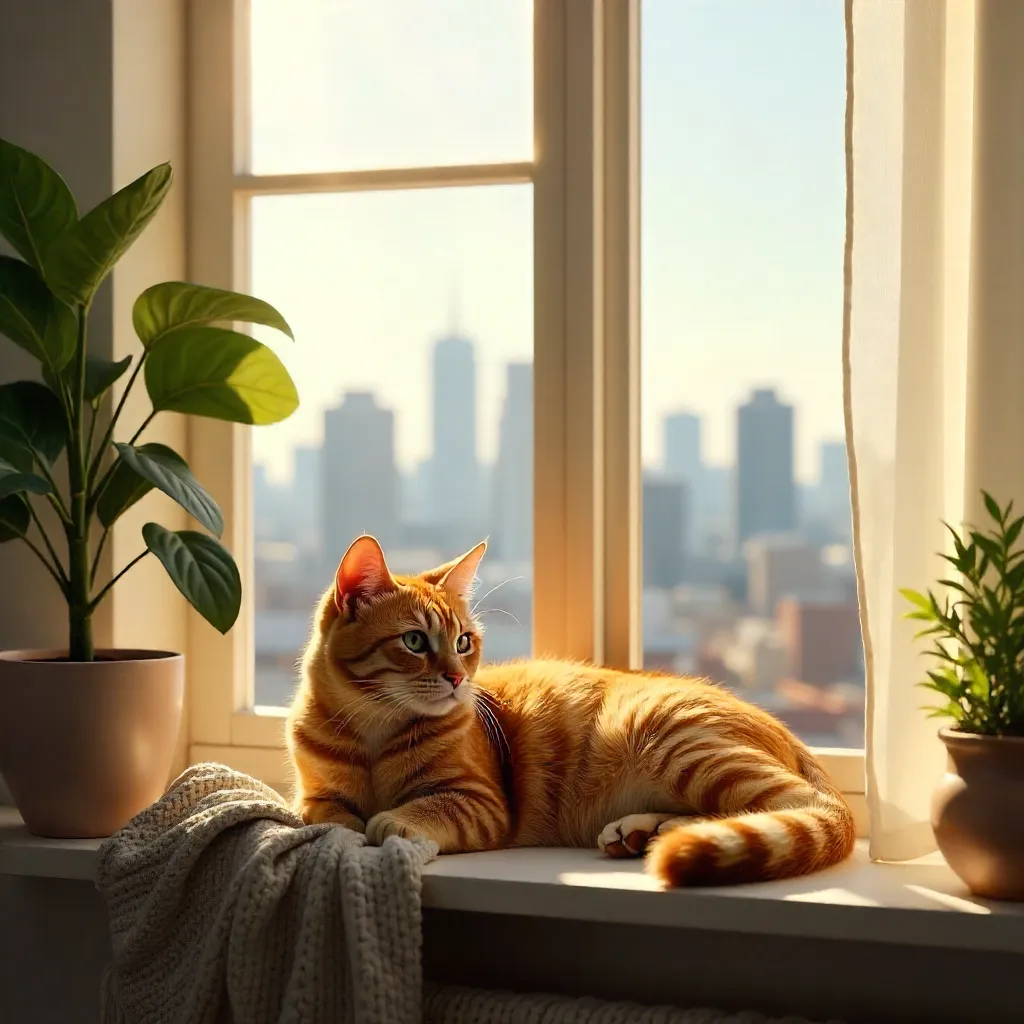 Sunlit Window Sill Cat in an Urban Apartment