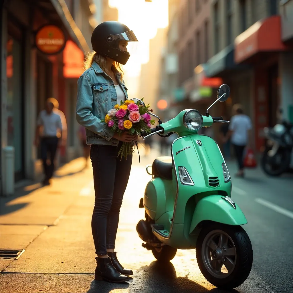 Woman in Helmet with Flowers by a Scooter on Urban Street