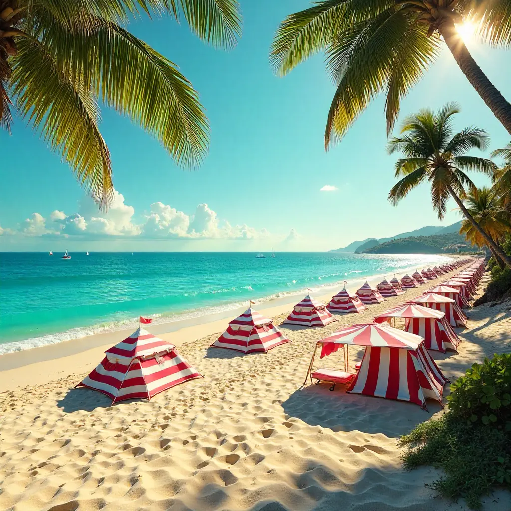 Striped Beach Tents on Sunny Shore