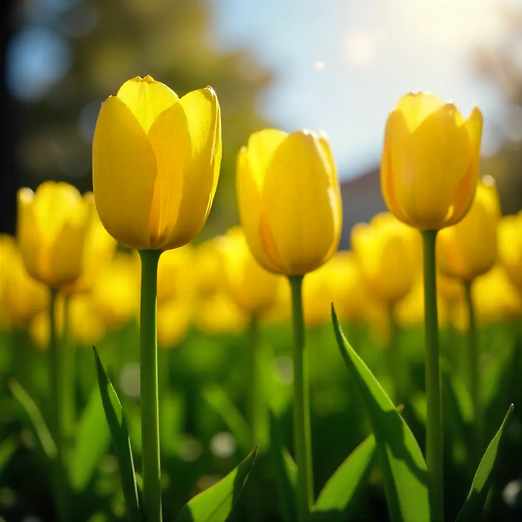 Sunlit Yellow Tulips from a Low Angle