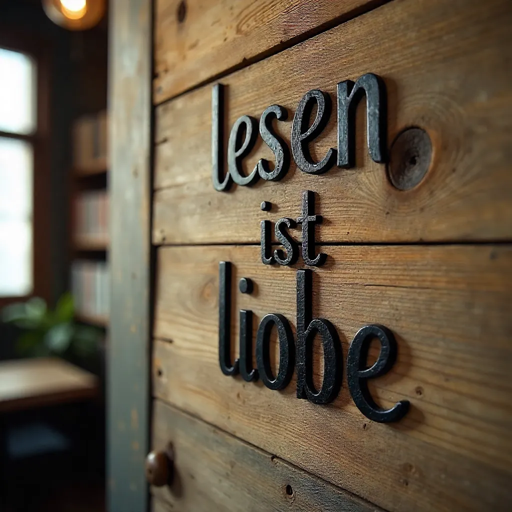 Wooden Wall Text: Lesen ist Liebe in Serif