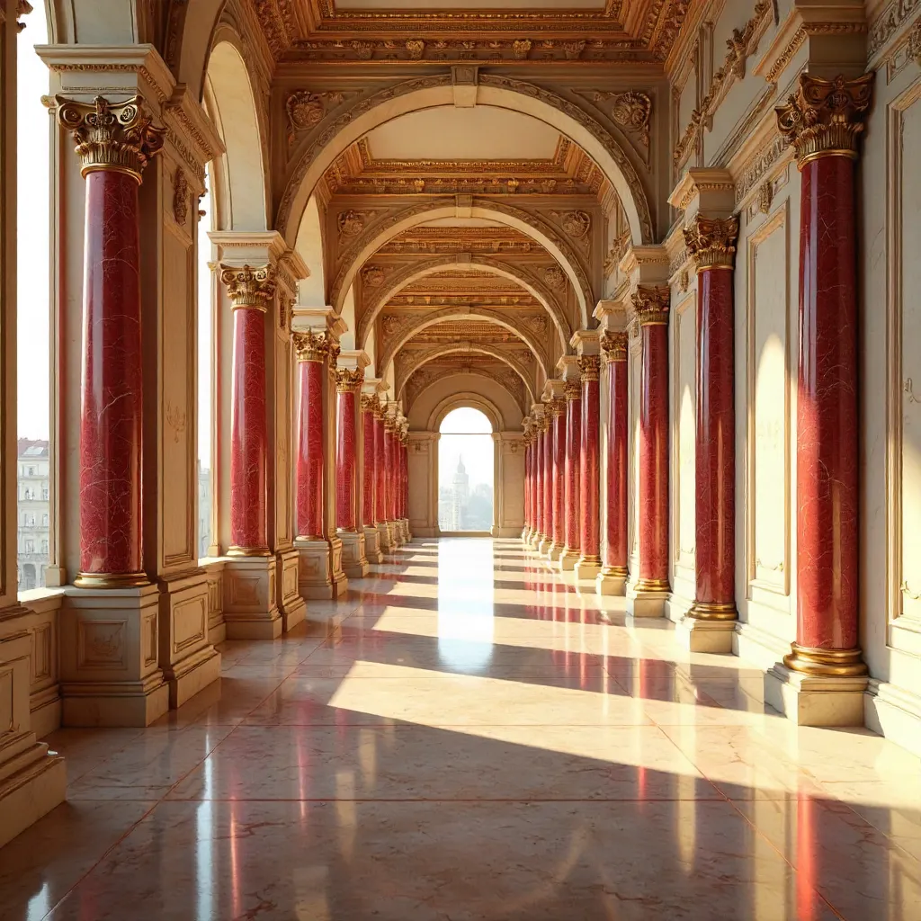 Timeless Elegance: Red Colonnaded Corridor