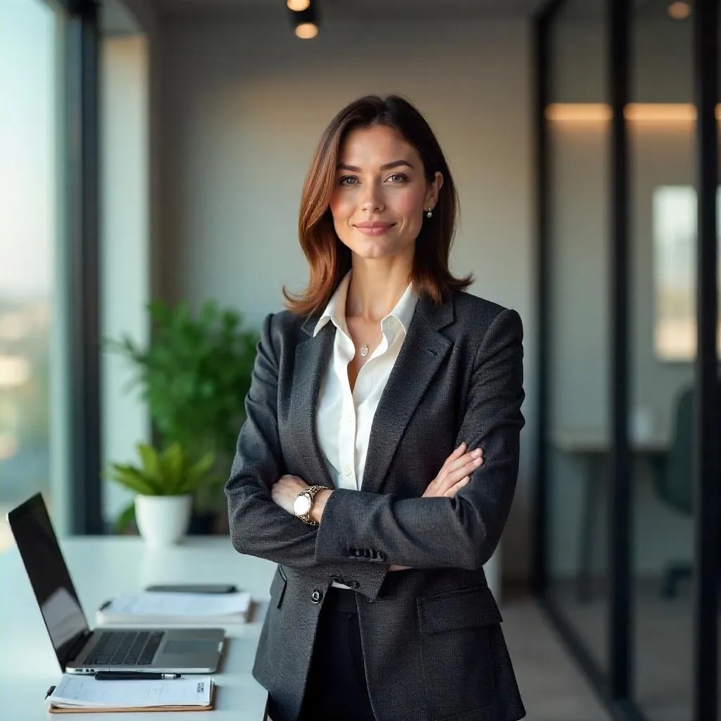 Confident White Woman in a Modern Workspace