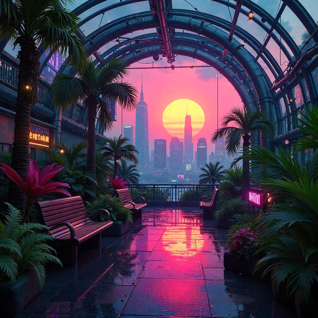 Cyberpunk Sunset in a Neon Botanical Garden