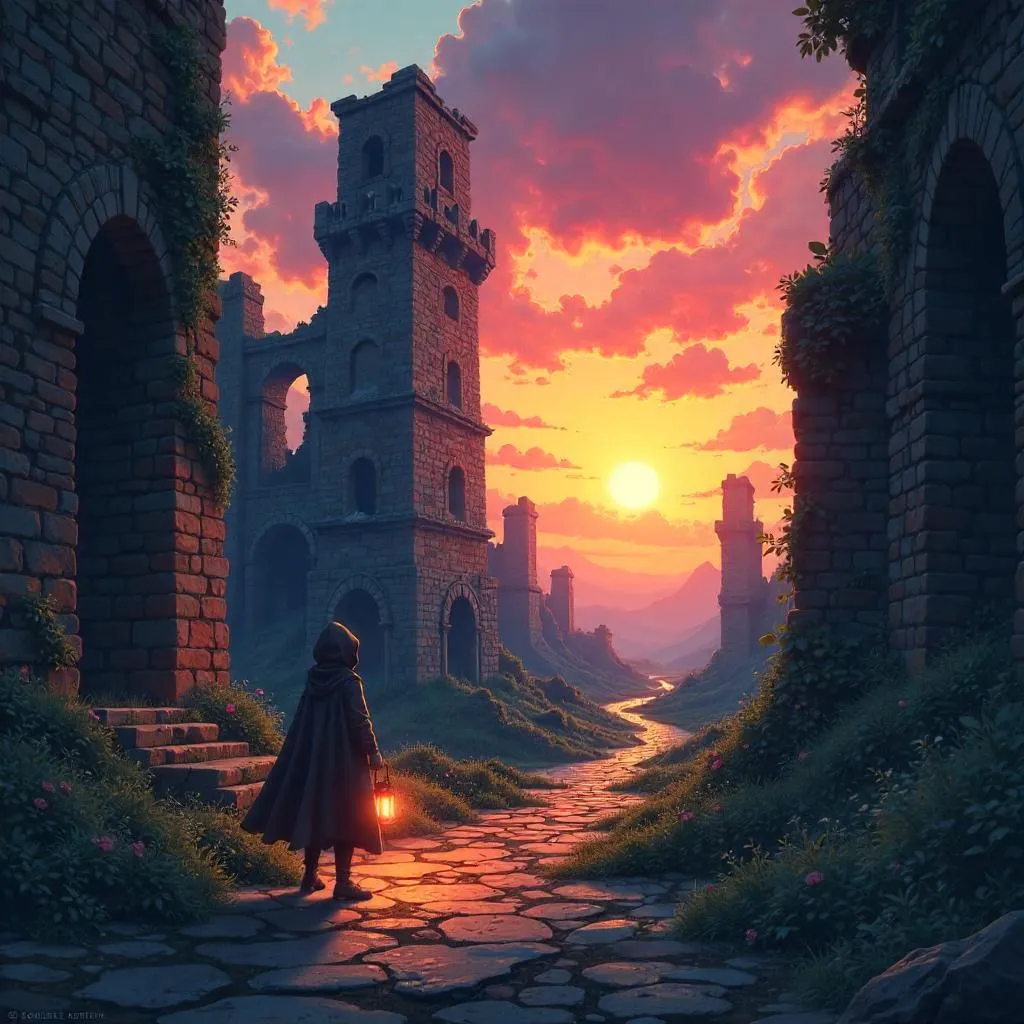 Sunset Ruins in Anime Style
