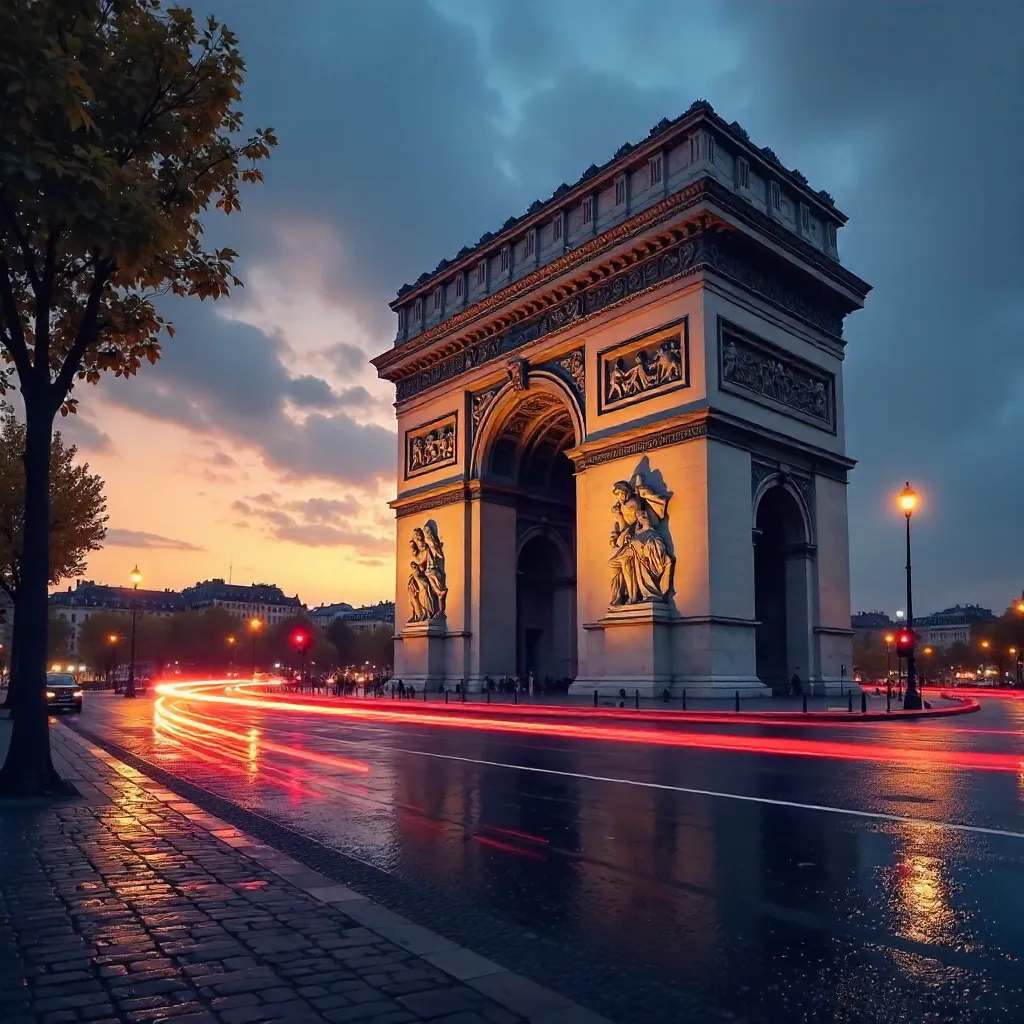 Dusk at Arc de Triomphe with Light Trails