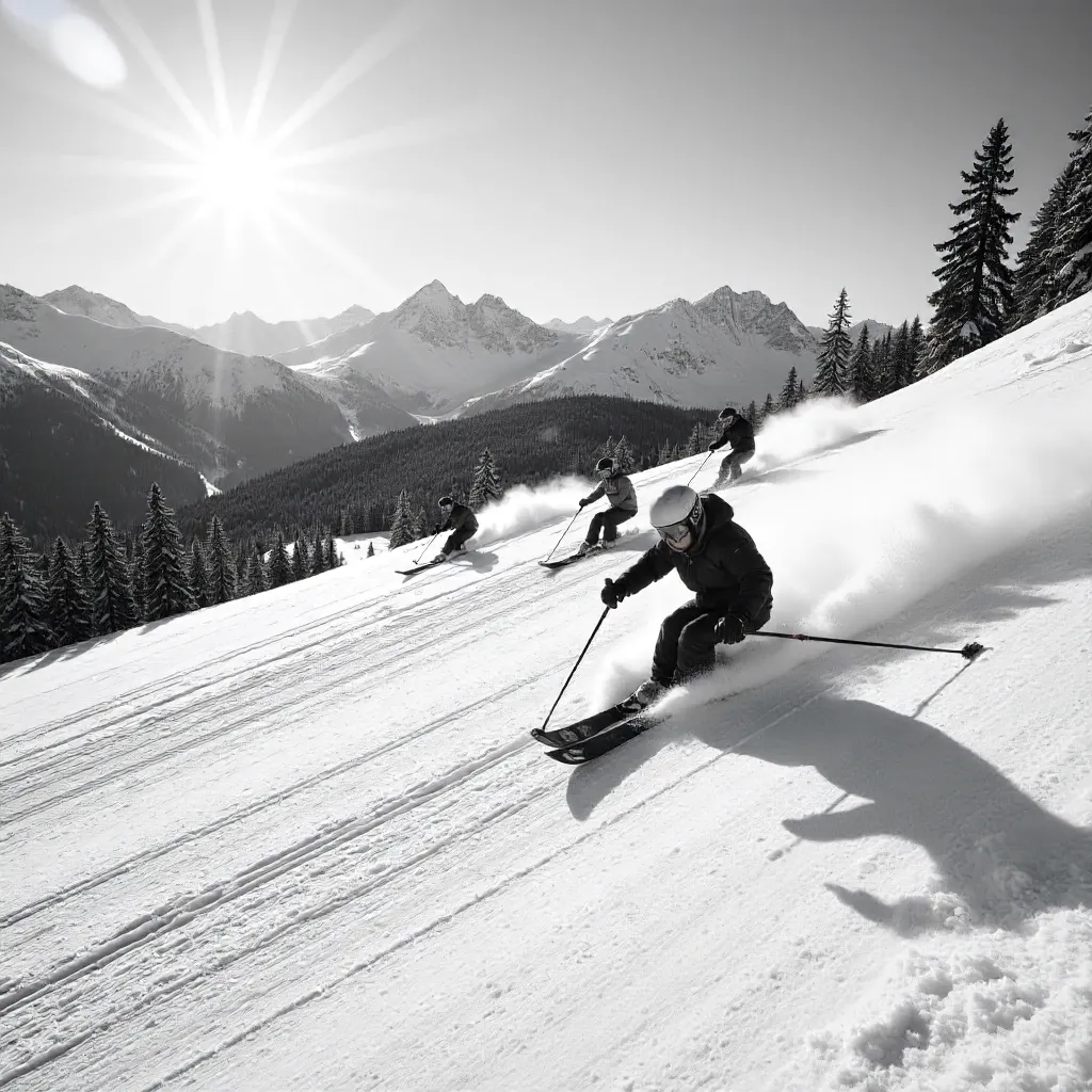 Monochrome Skiers on a Sunny Snow Slope