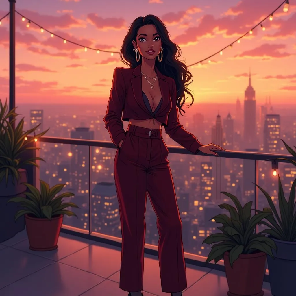 Stylish Latina Woman on a Terrace in Anime Style