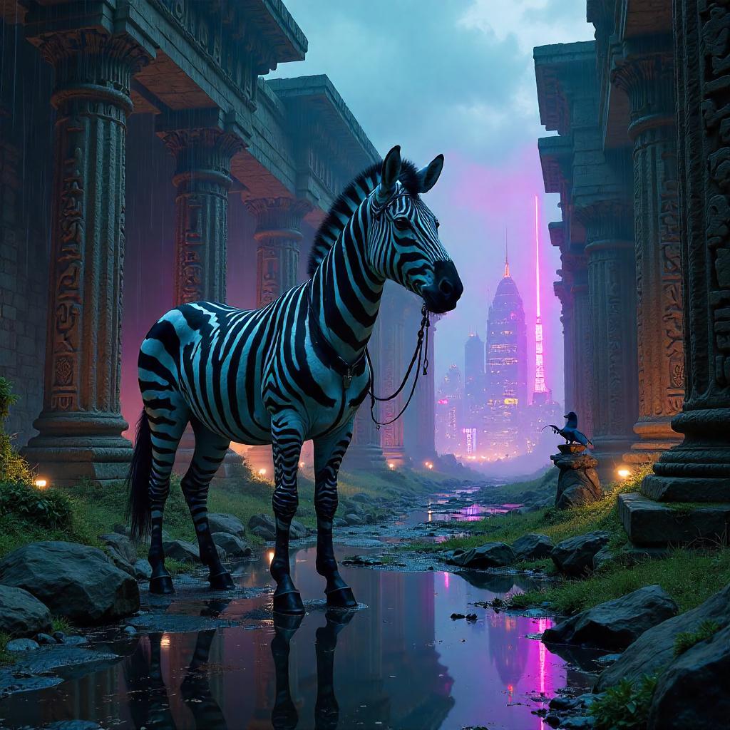 Zebra in Neon Temple Ruins: Cyberpunk Encounter