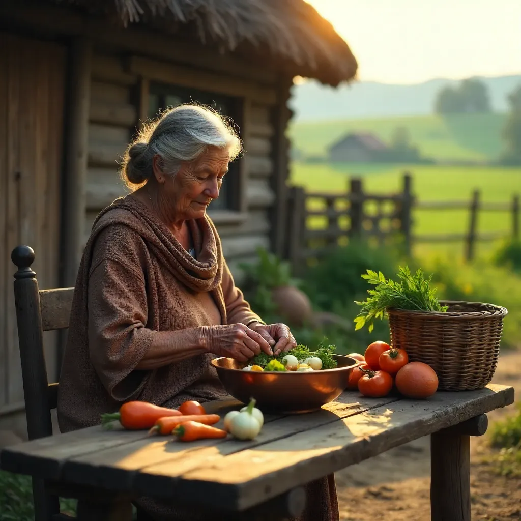 Elderly Woman in Rustic Rural Yard Preparing Vegetables