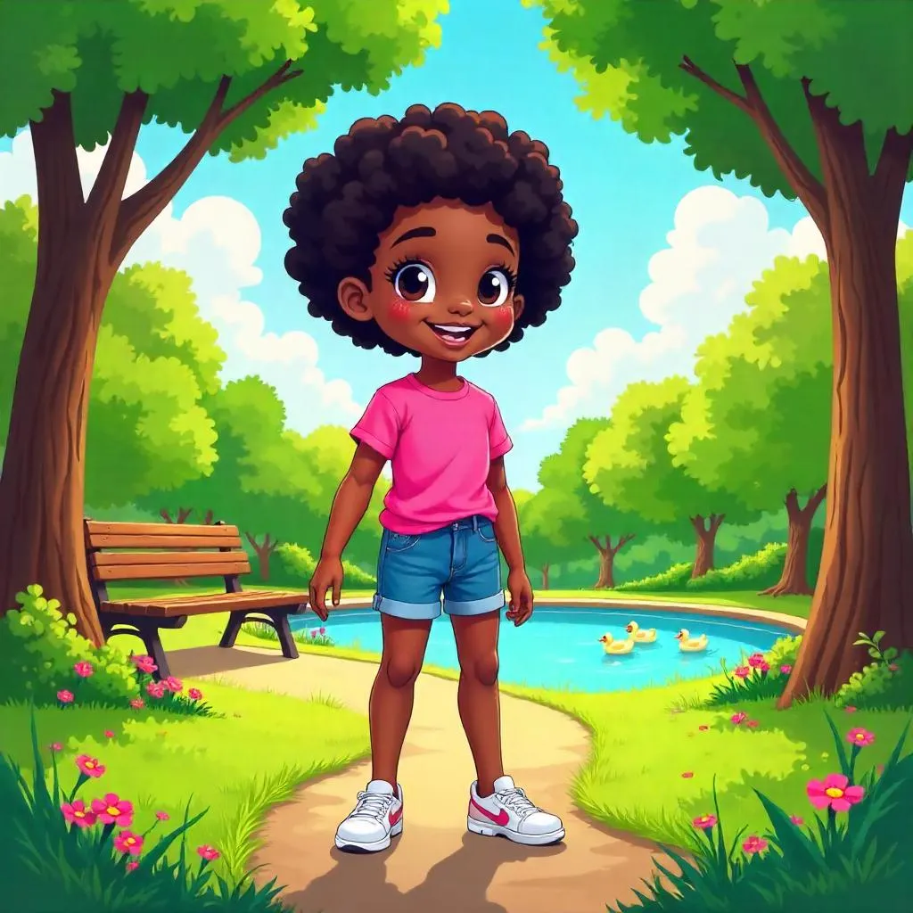 Cheerful Cartoon Black Girl in a Sunny Park