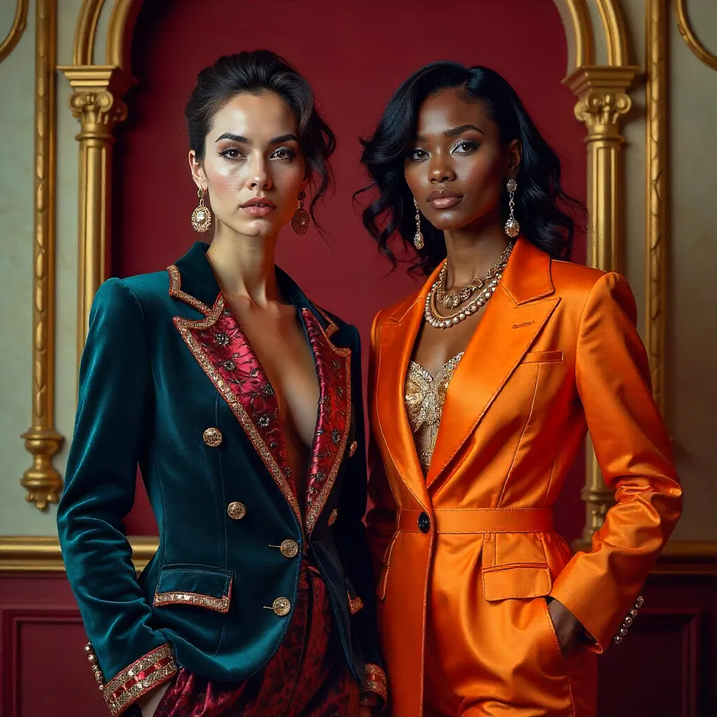 Colorful Fashion Duo in an Ornate Baroque Backdrop
