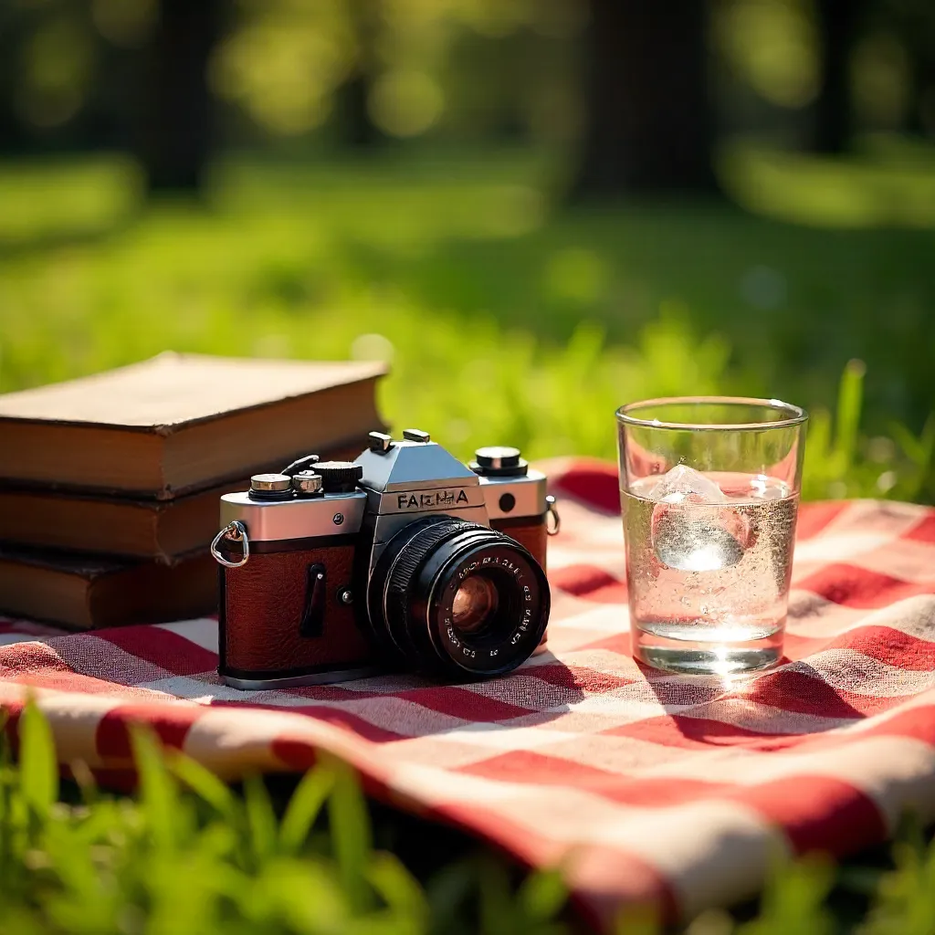 Sunlit Vintage Camera on Checkered Picnic Blanket