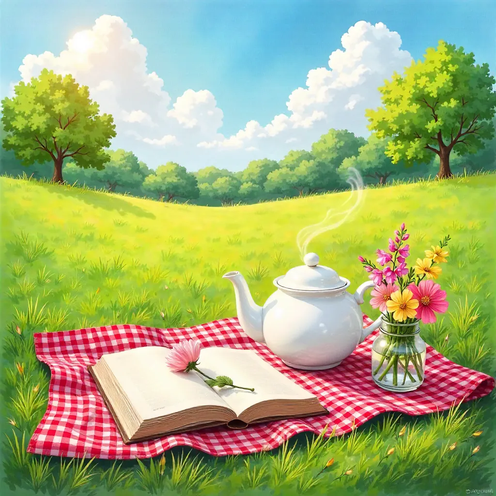 Spring Picnic with Teapot, Book and Flowers