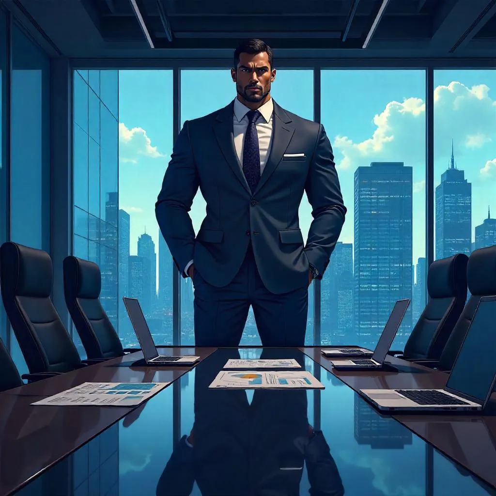 Anime-Style Strong Black CEO in a Boardroom