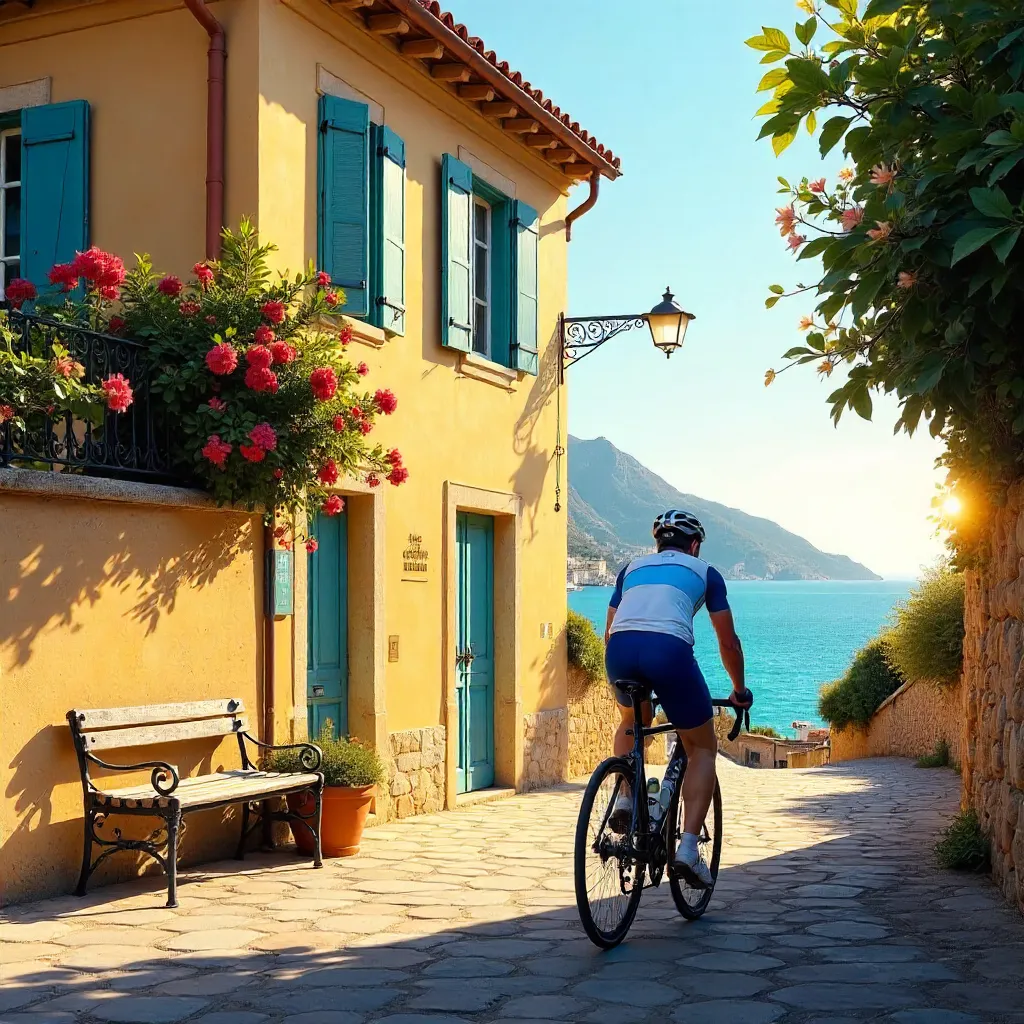Cyclist in Sunlit Cargèse: Corsican Charm