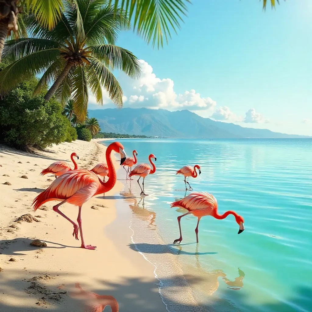 Sunlit Flamingos Resting Along a Turquoise Lagoon