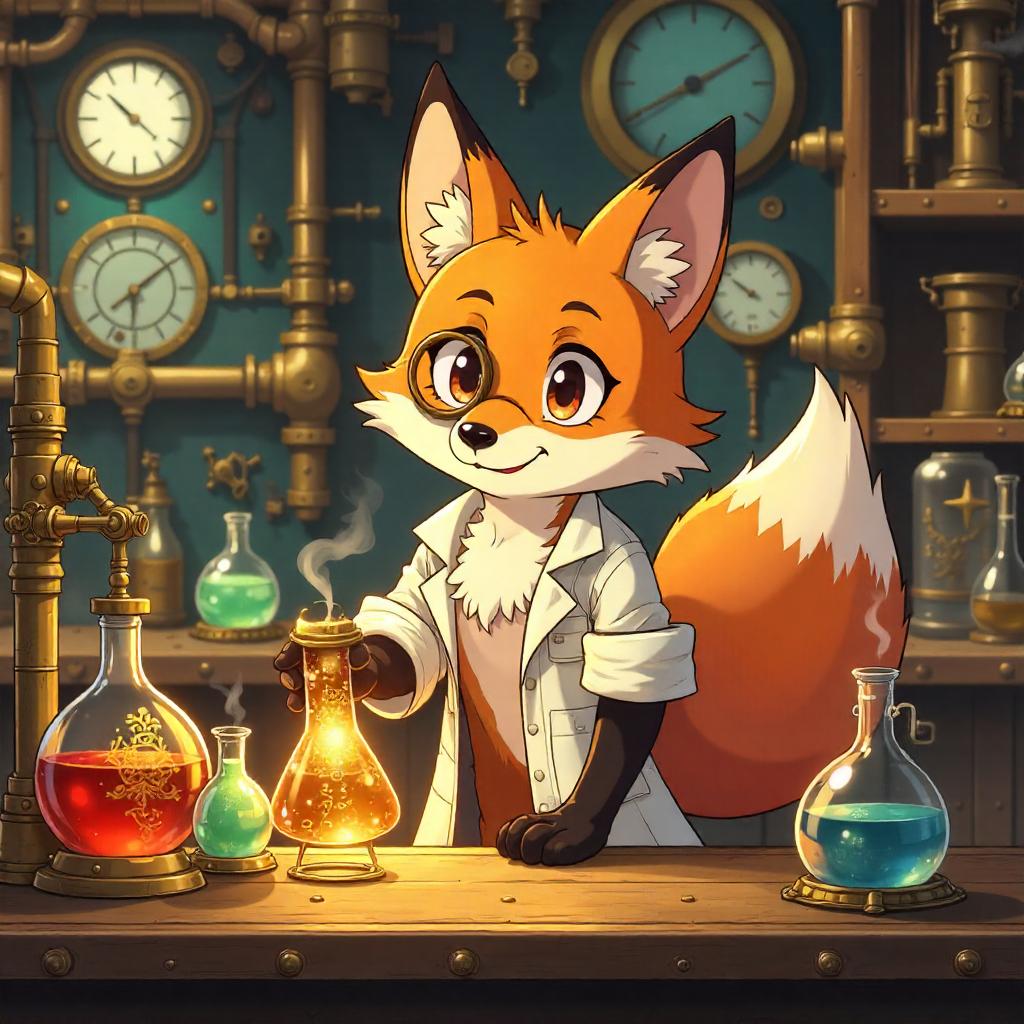 Fox Scientist in a Brass Steampunk Lab