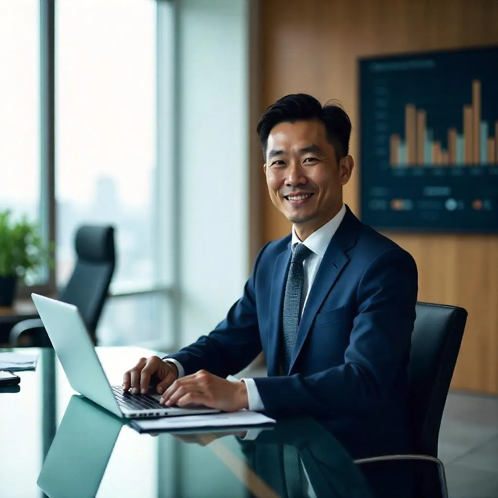 Photorealistic Asian Man in a Modern Boardroom