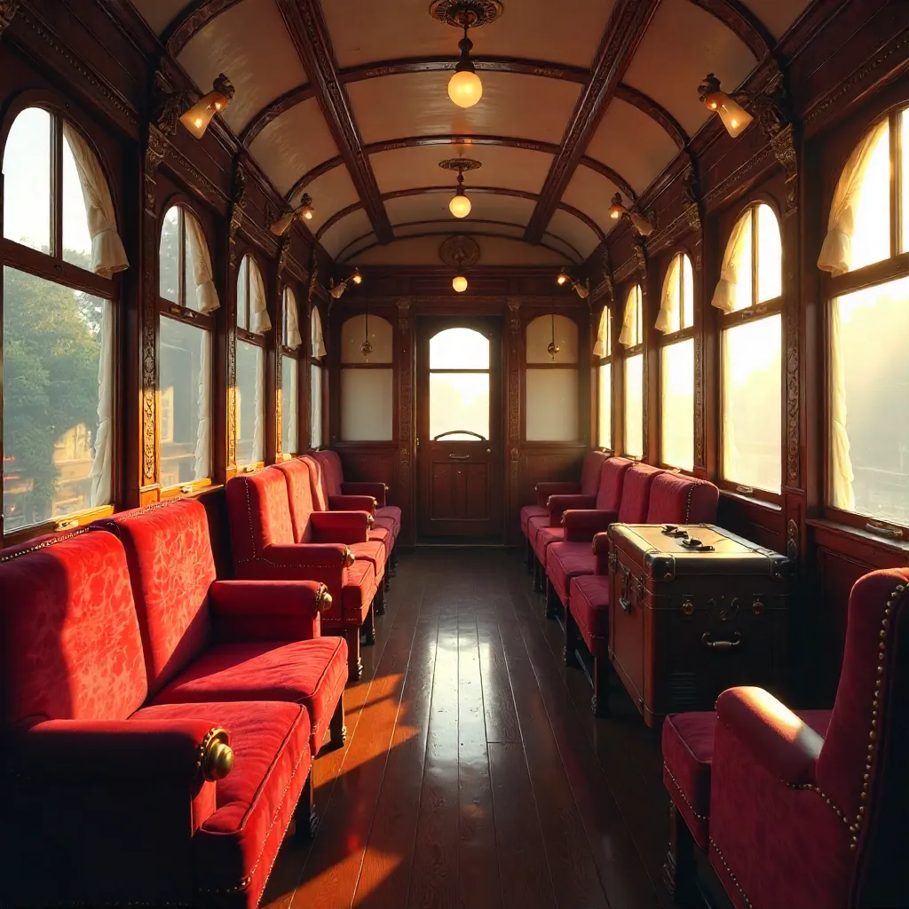 Ornate Vintage Train Car Interior with Velvet Upholstery