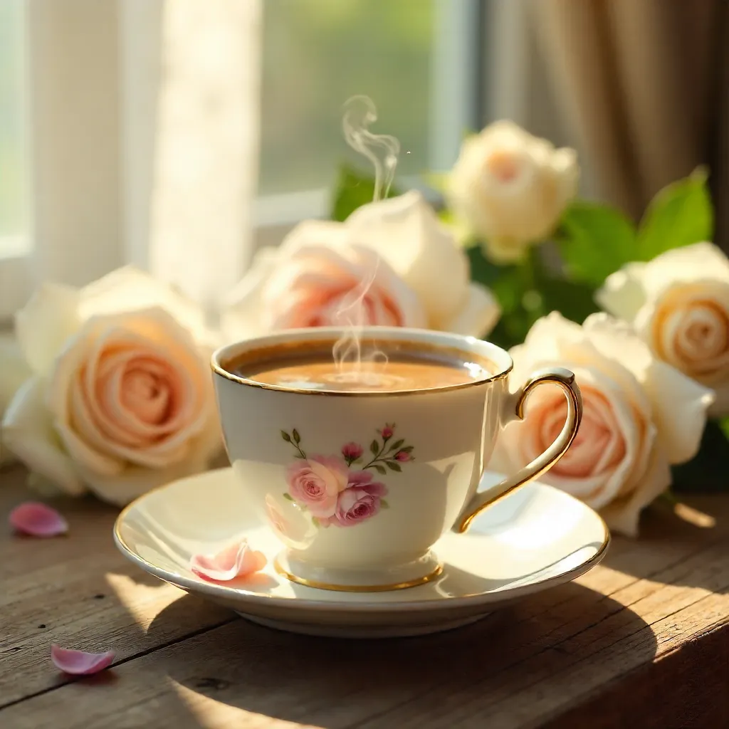 Elegant Cup on Floral Saucer with White Roses