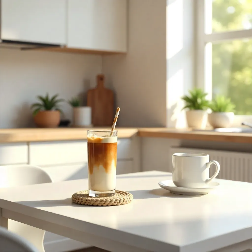 Cozy Modern Kitchen: Iced Coffee on White Table