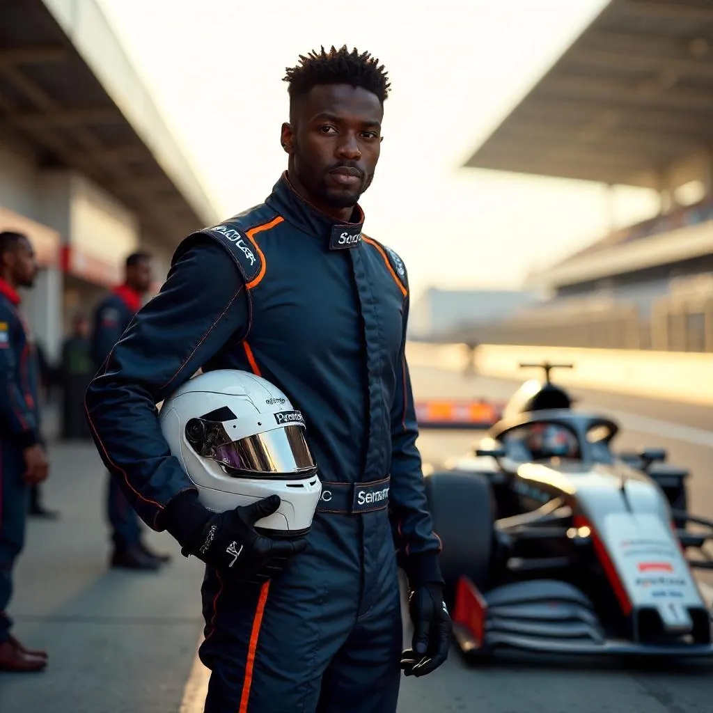 Photorealistic Young Black Man at a Racing Track