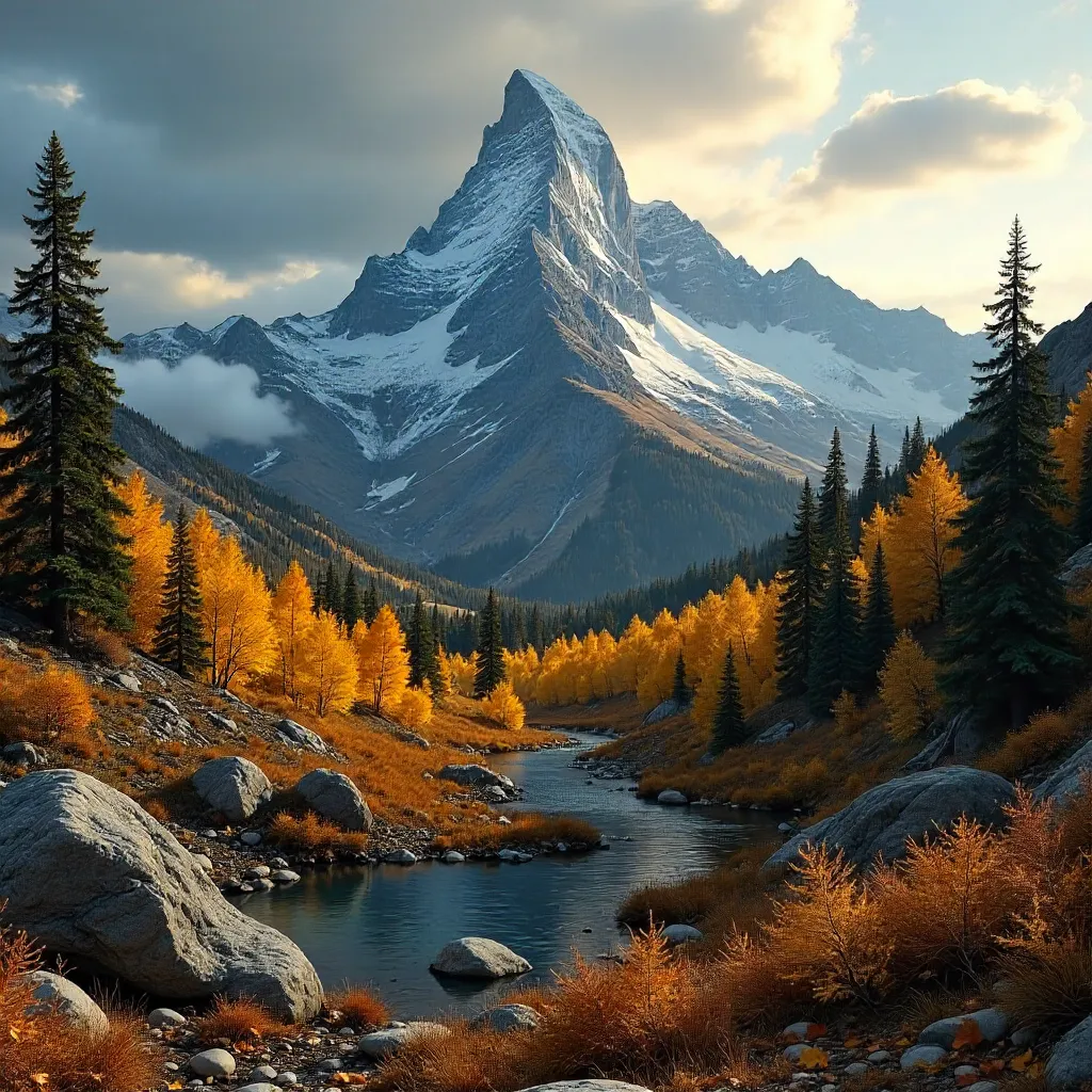 Stunning Mountain Peak in Golden Autumn Foliage under Cloudy Sky