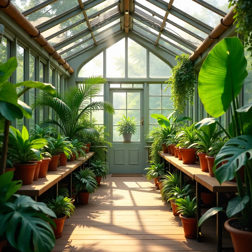 Sunlit greenhouse brimming with diverse tropical foliage
