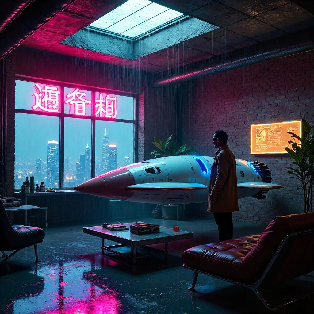 Rocket in a Neon Cyberpunk Loft