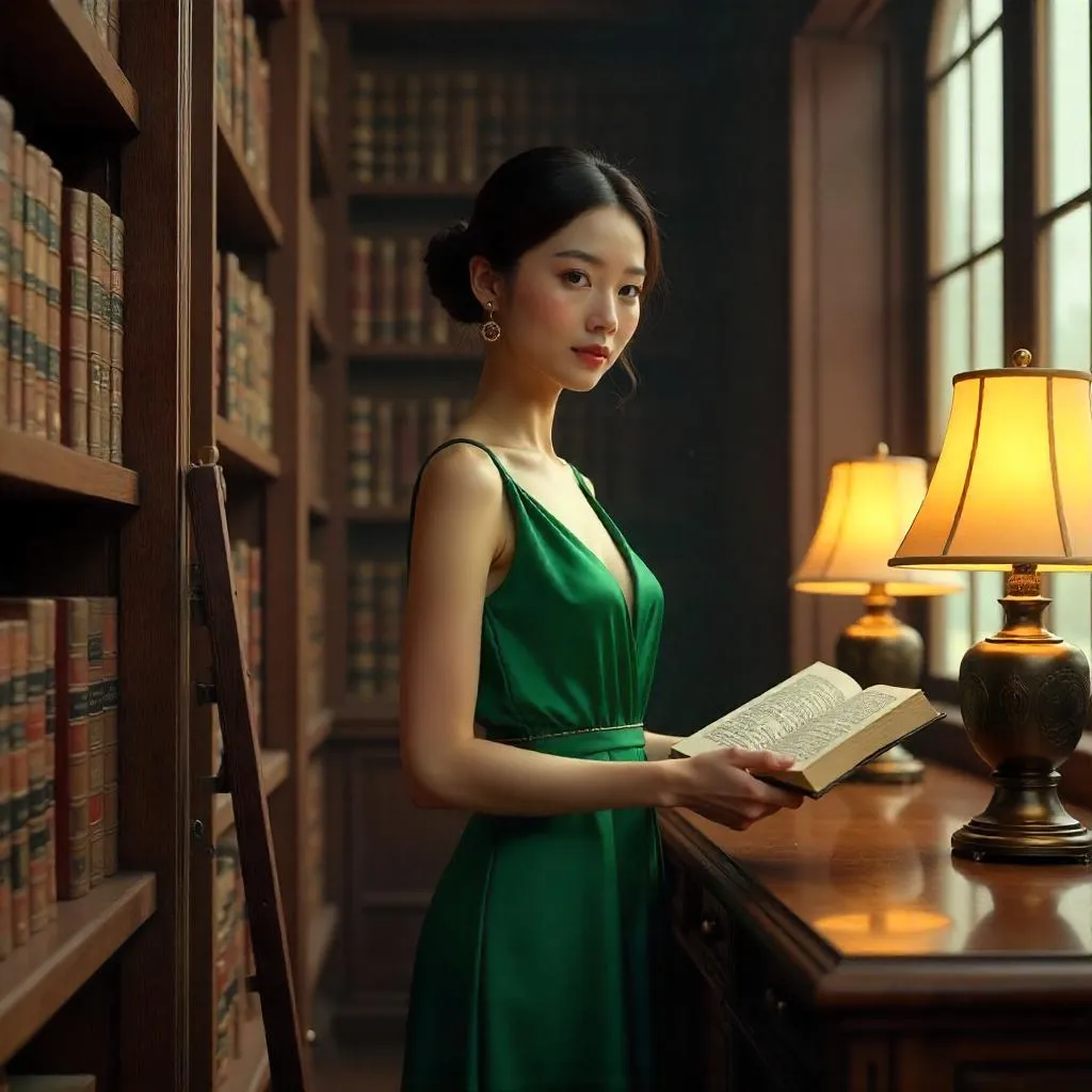 Elegant Asian Woman in a Grand Library - 3D Render