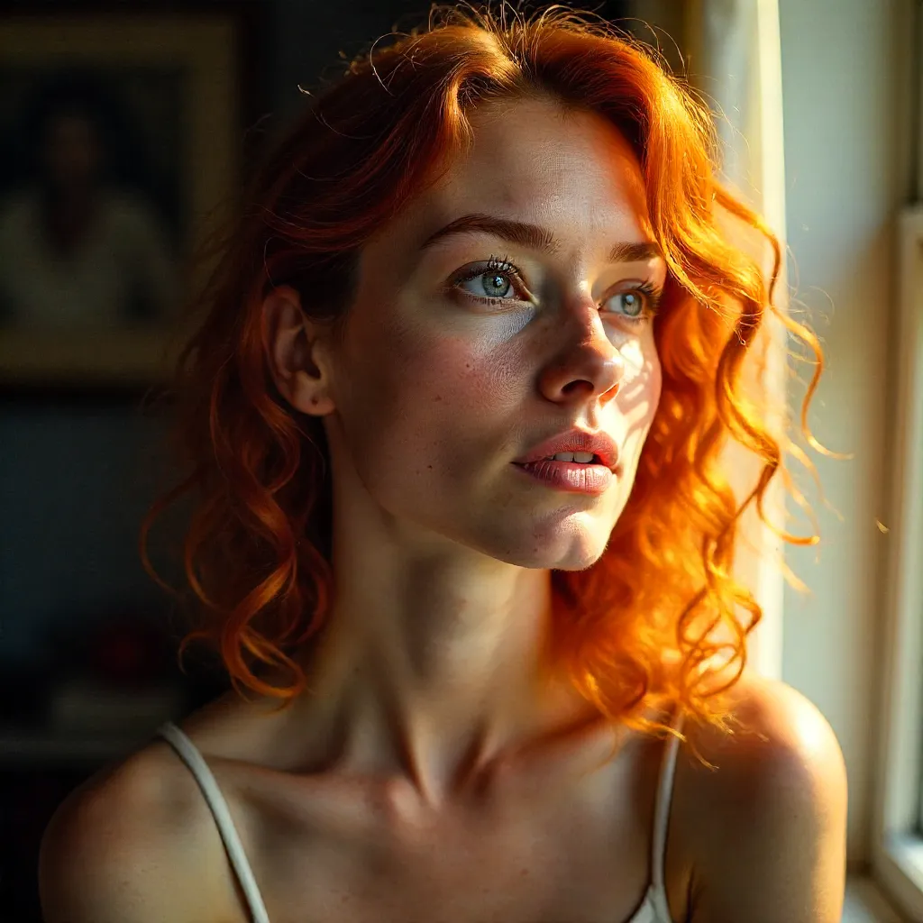 Curly Red-Haired Woman in Thoughtful Natural Light