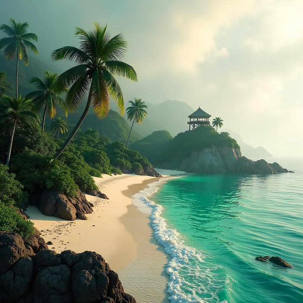 Foggy 3D Tropical Island in Mist
