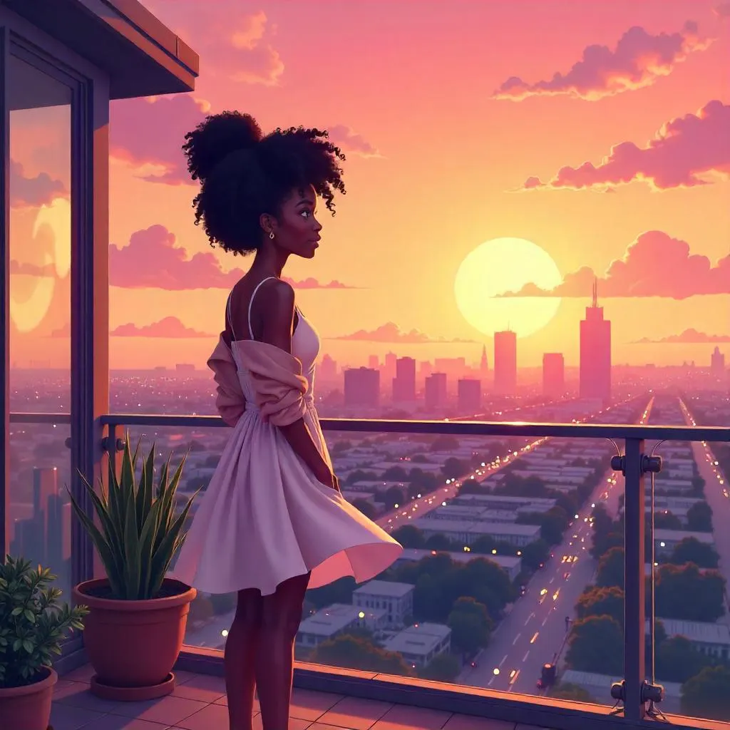 Terrace Sunset: Anime Portrait of a Young Black Woman