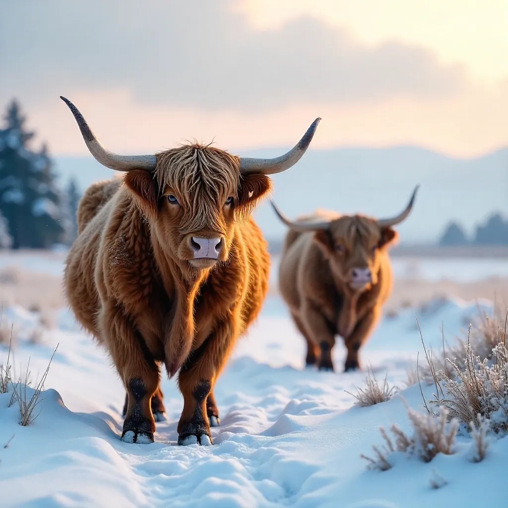 Scottish Highland Cattle in a Snowy Field